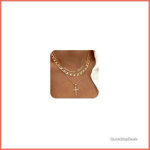 Gold Layered Necklace Set with Cross Pendant, 3 Stackable Chains